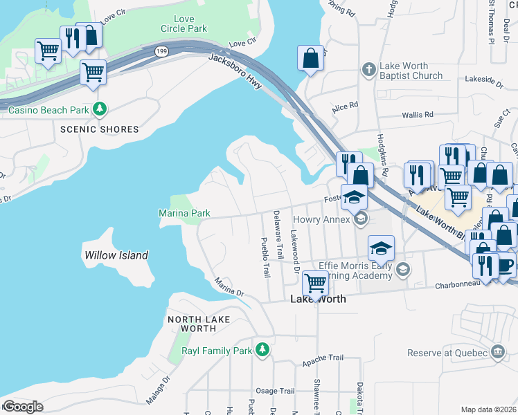 map of restaurants, bars, coffee shops, grocery stores, and more near 4016 Pueblo Trail in Fort Worth