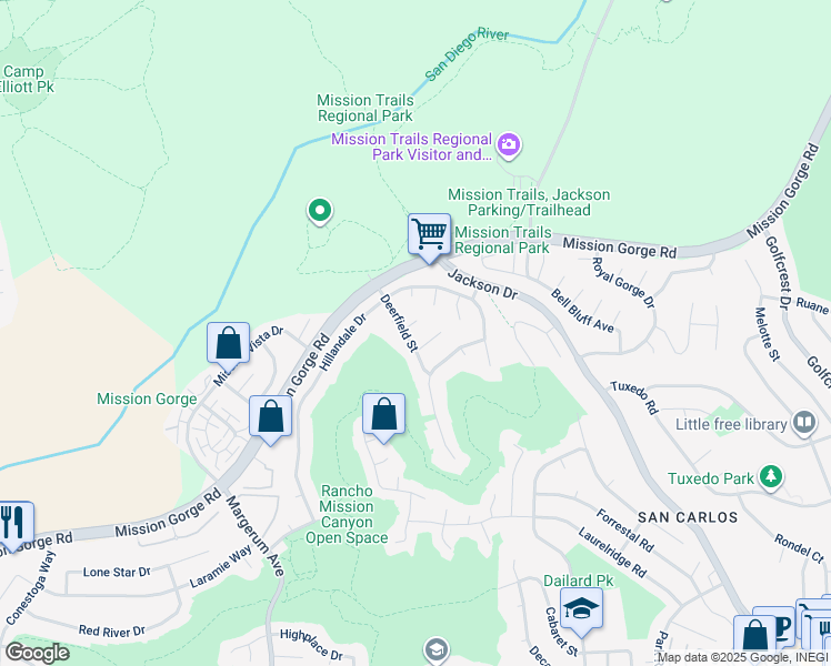 map of restaurants, bars, coffee shops, grocery stores, and more near 6815 Deer Hollow Place in San Diego