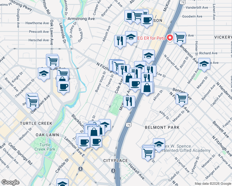 map of restaurants, bars, coffee shops, grocery stores, and more near Cole Avenue & Elizabeth Street in Dallas