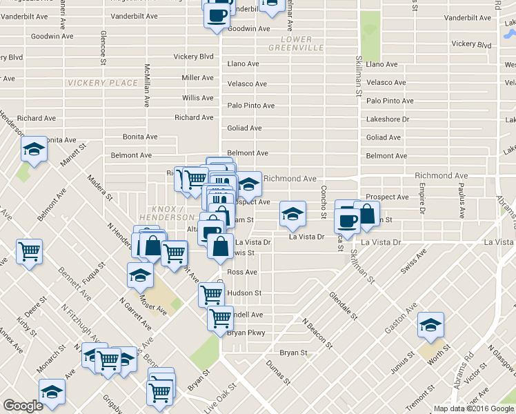 map of restaurants, bars, coffee shops, grocery stores, and more near 2002 Matilda Street in Dallas