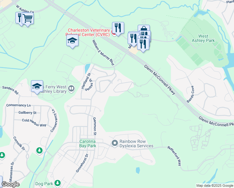 map of restaurants, bars, coffee shops, grocery stores, and more near 109 Lochaven Drive in Charleston