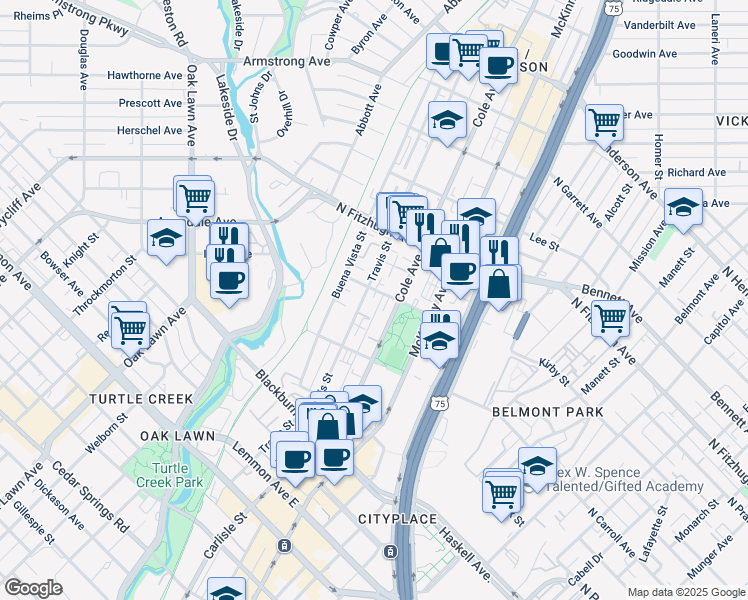 map of restaurants, bars, coffee shops, grocery stores, and more near 4060 Travis Street in Dallas
