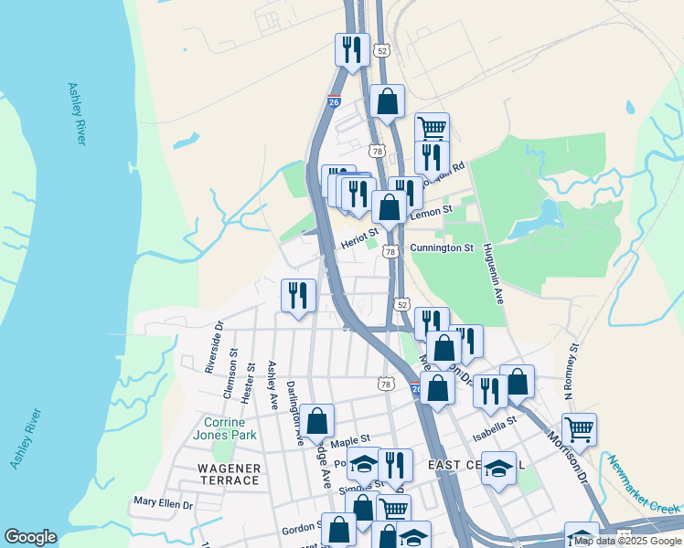 map of restaurants, bars, coffee shops, grocery stores, and more near 1326 Cottonwood Street in Charleston