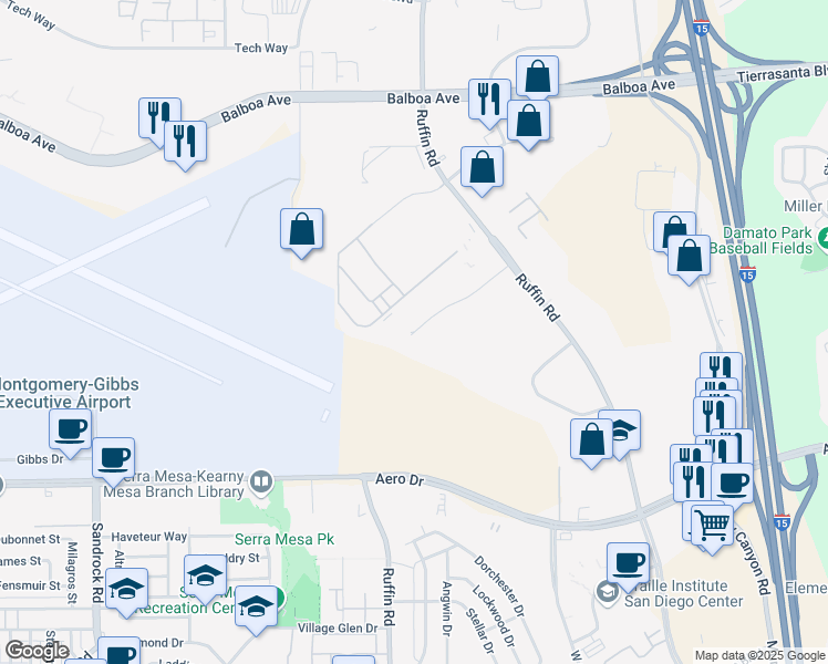 map of restaurants, bars, coffee shops, grocery stores, and more near 9265 Sky Park Ct in San Diego