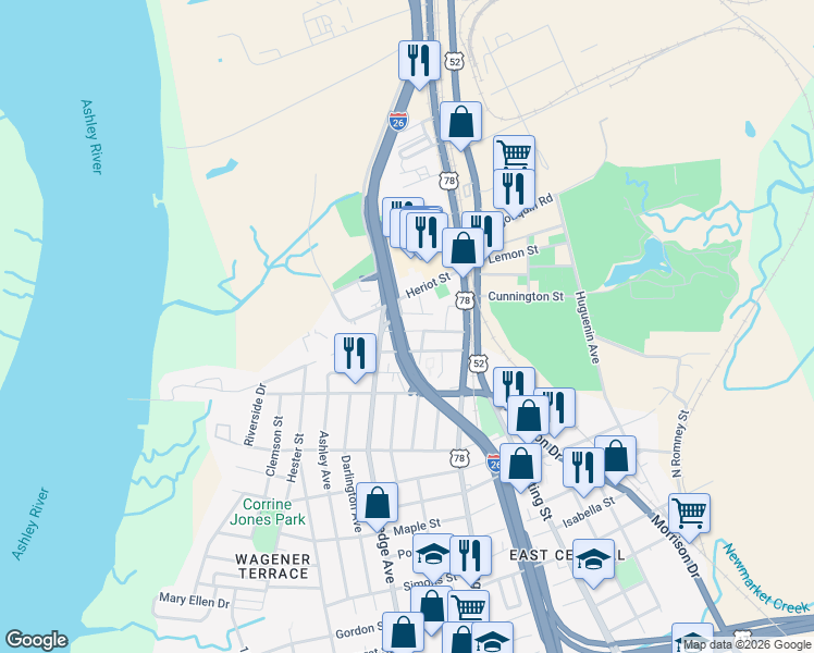 map of restaurants, bars, coffee shops, grocery stores, and more near 1326 Cottonwood Street in Charleston