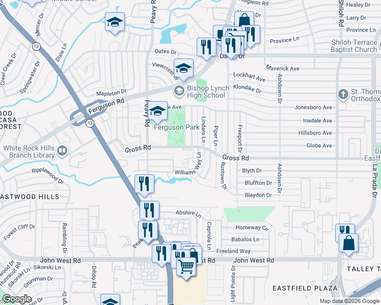 map of restaurants, bars, coffee shops, grocery stores, and more near 2815 Williams Way Court in Dallas
