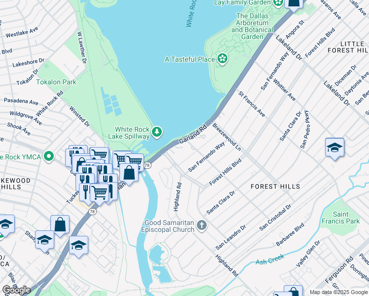 map of restaurants, bars, coffee shops, grocery stores, and more near 1234 San Rafael Drive in Dallas