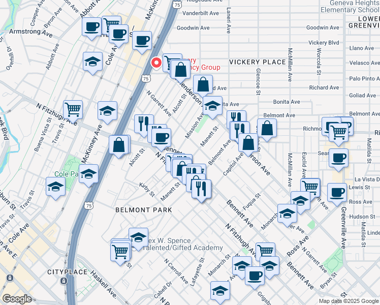 map of restaurants, bars, coffee shops, grocery stores, and more near 5001 Manett Street in Dallas