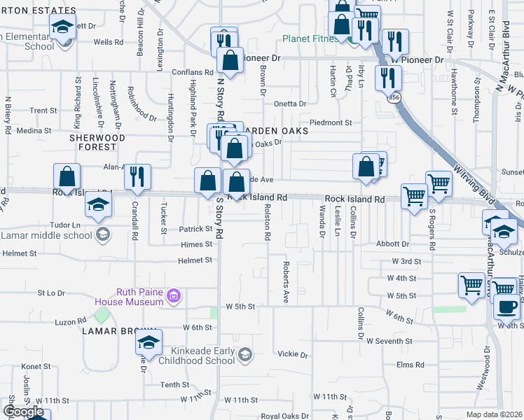 map of restaurants, bars, coffee shops, grocery stores, and more near 202 Rolston Road in Irving