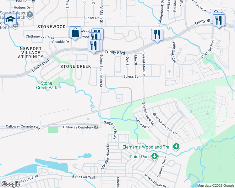 map of restaurants, bars, coffee shops, grocery stores, and more near 3502-3698 South Main Street in Euless