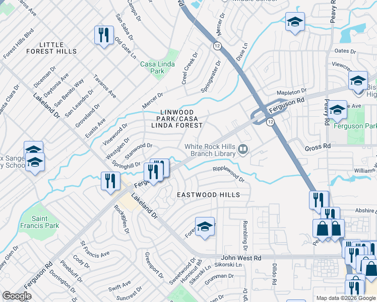 map of restaurants, bars, coffee shops, grocery stores, and more near 2531 Ferguson Road in Dallas