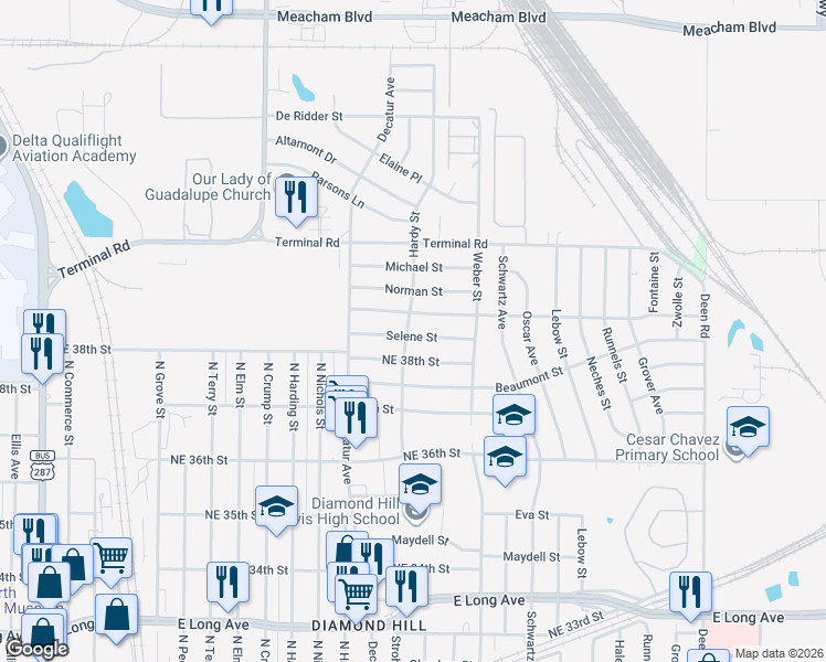map of restaurants, bars, coffee shops, grocery stores, and more near 1516 Selene Street in Fort Worth