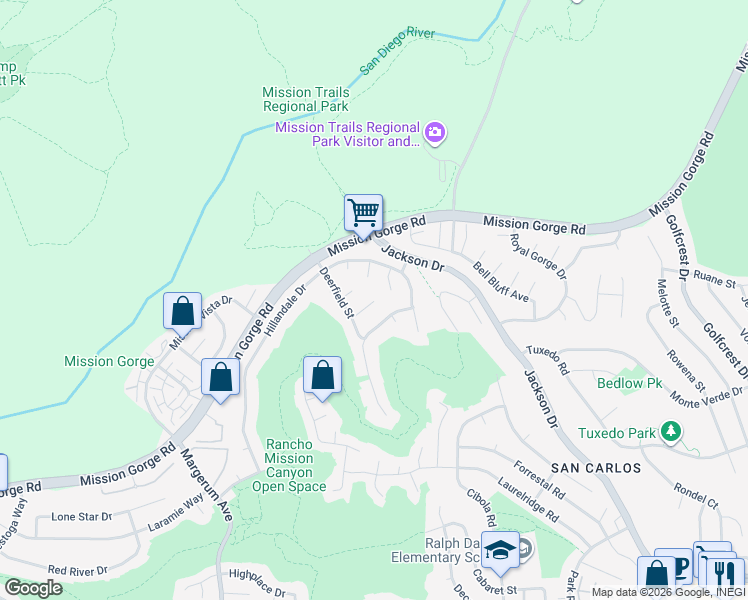 map of restaurants, bars, coffee shops, grocery stores, and more near 6868 Deer Hollow Place in San Diego