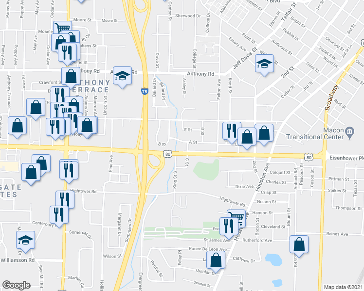 map of restaurants, bars, coffee shops, grocery stores, and more near 900 A Street in Macon