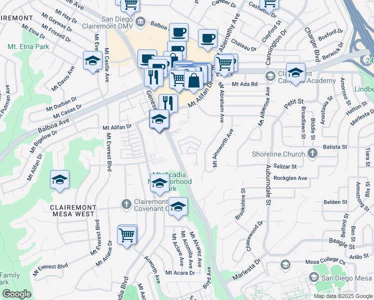 map of restaurants, bars, coffee shops, grocery stores, and more near 5567 Caminito Katerina in San Diego