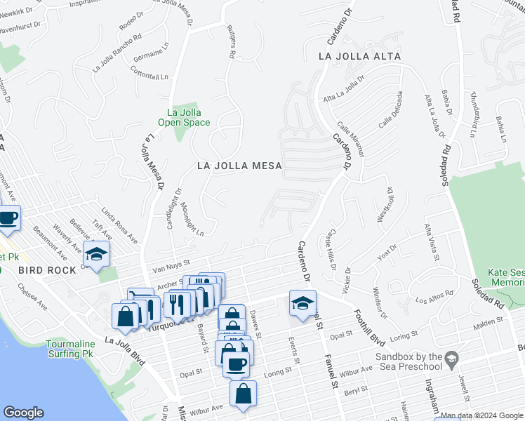 map of restaurants, bars, coffee shops, grocery stores, and more near 5430 Caminito Bayo in San Diego