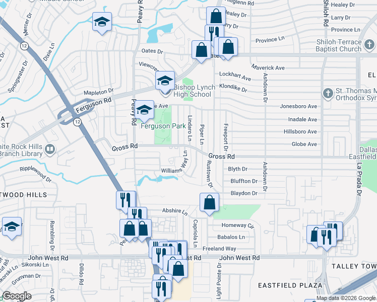 map of restaurants, bars, coffee shops, grocery stores, and more near 2835 Meadow Way Lane in Dallas