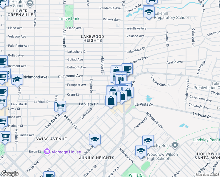 map of restaurants, bars, coffee shops, grocery stores, and more near 6304 Prospect Avenue in Dallas