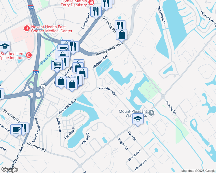 map of restaurants, bars, coffee shops, grocery stores, and more near 1400 Caliper Oak Circle in Mount Pleasant