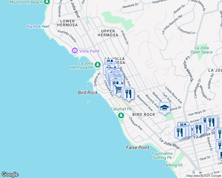 map of restaurants, bars, coffee shops, grocery stores, and more near 5647 Chelsea Avenue in San Diego
