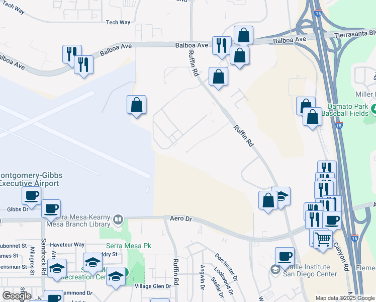 map of restaurants, bars, coffee shops, grocery stores, and more near 9173 Sky Park Court in San Diego
