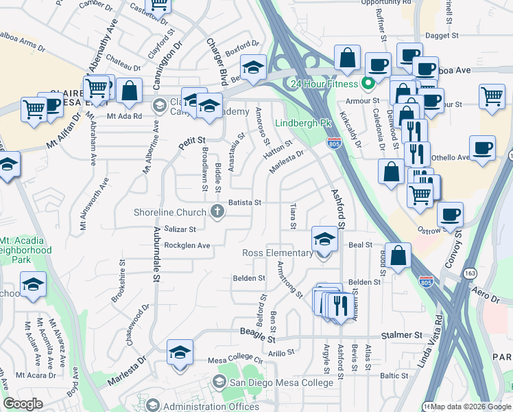 map of restaurants, bars, coffee shops, grocery stores, and more near 3895 Hatton Street in San Diego