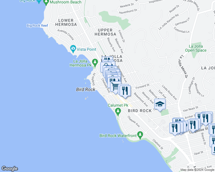 map of restaurants, bars, coffee shops, grocery stores, and more near 5647 Chelsea Avenue in San Diego