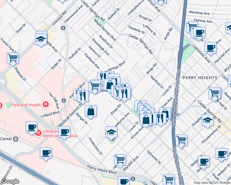 map of restaurants, bars, coffee shops, grocery stores, and more near 4729 Maple Avenue in Dallas