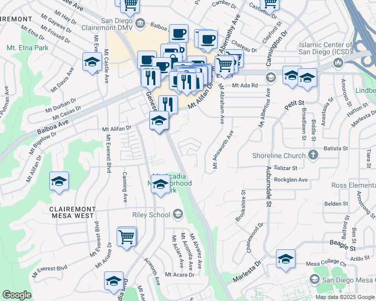 map of restaurants, bars, coffee shops, grocery stores, and more near 5645 Caminito Katerina in San Diego