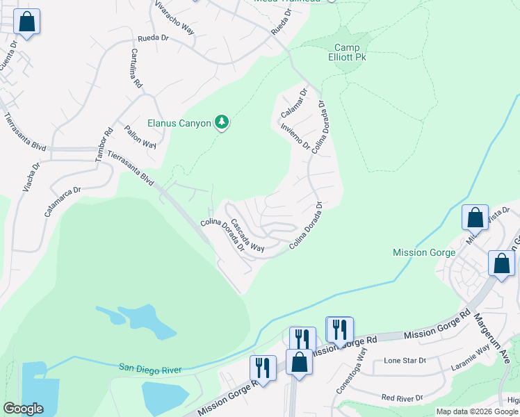 map of restaurants, bars, coffee shops, grocery stores, and more near 11496 Cesped Drive in San Diego
