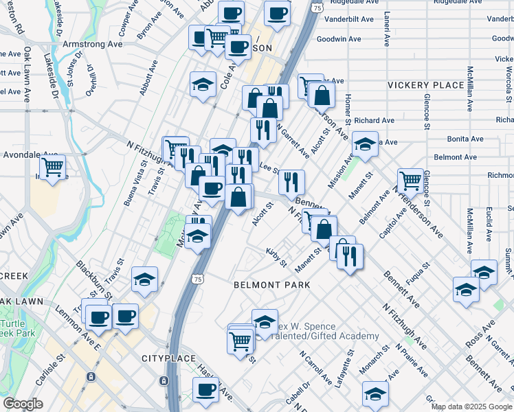 map of restaurants, bars, coffee shops, grocery stores, and more near 2819 North Fitzhugh Avenue in Dallas