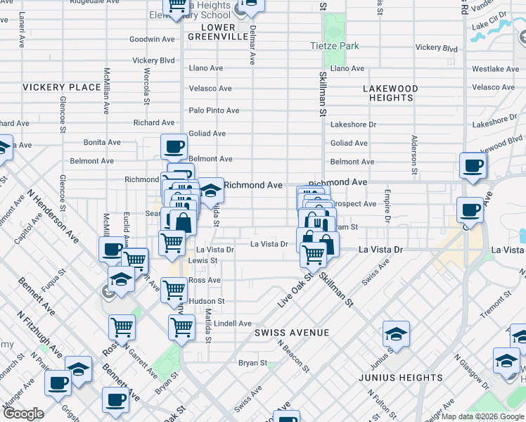 map of restaurants, bars, coffee shops, grocery stores, and more near 5923A Oram Street in Dallas