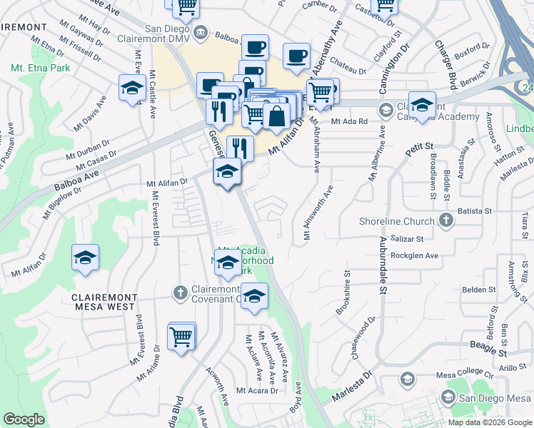 map of restaurants, bars, coffee shops, grocery stores, and more near 5517 Caminito Katerina in San Diego