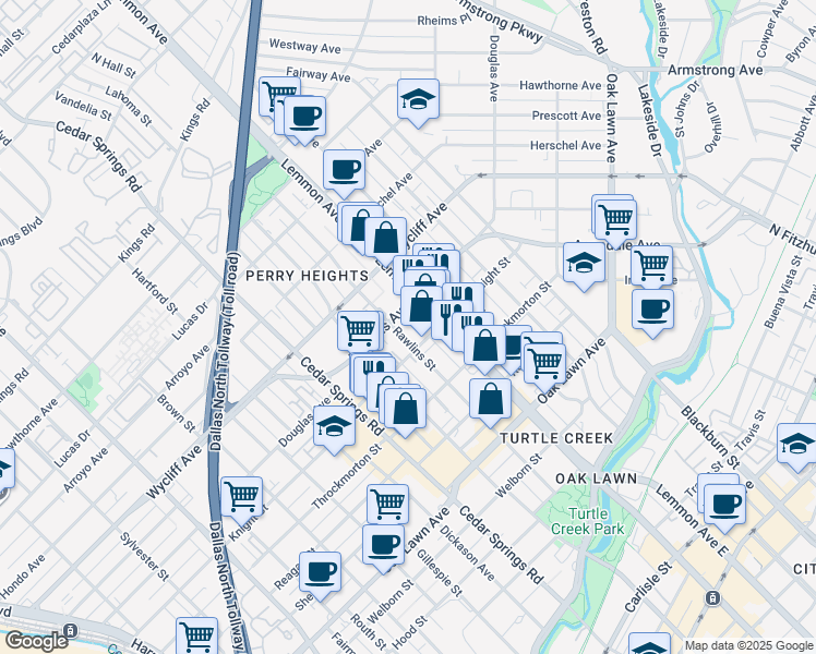 map of restaurants, bars, coffee shops, grocery stores, and more near 4116 Rawlins Street in Dallas
