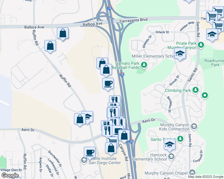 map of restaurants, bars, coffee shops, grocery stores, and more near 3870 Murphy Canyon Road in San Diego