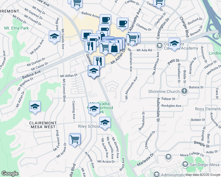 map of restaurants, bars, coffee shops, grocery stores, and more near 5550 Genesee Court in San Diego