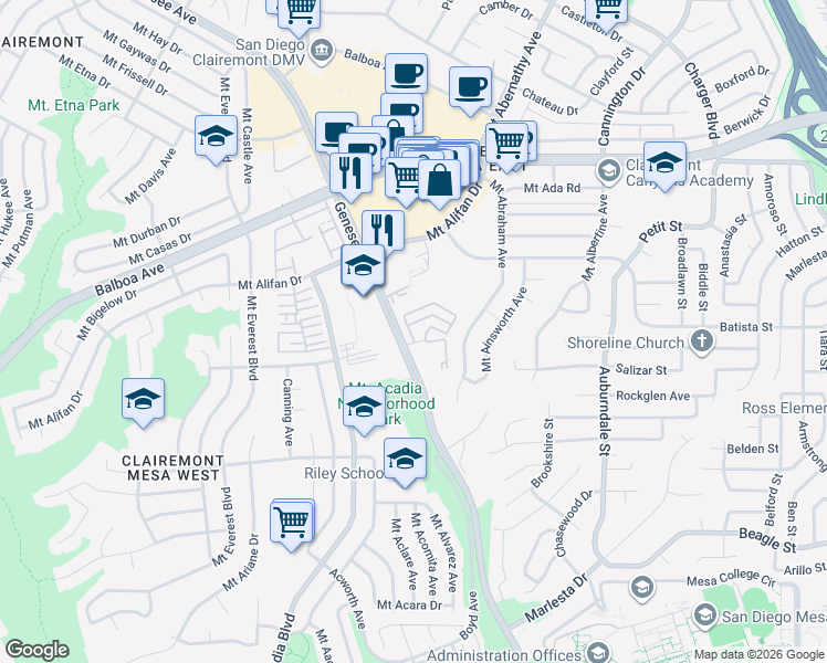 map of restaurants, bars, coffee shops, grocery stores, and more near 5550 Genesee Court in San Diego