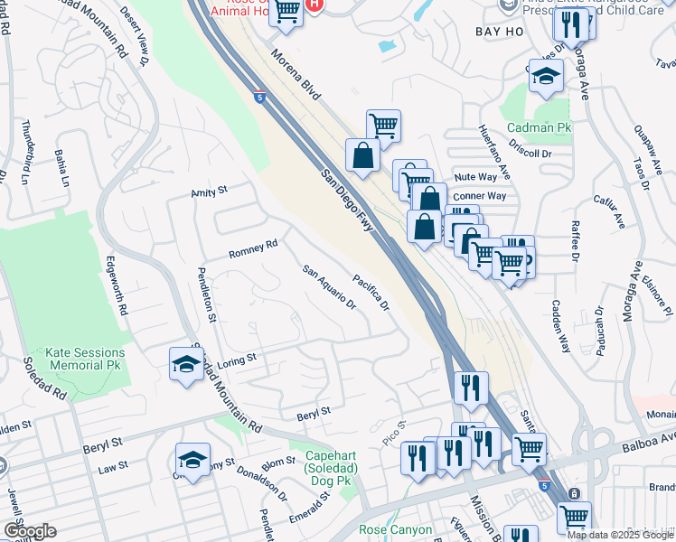 map of restaurants, bars, coffee shops, grocery stores, and more near 5075 San Aquario Drive in San Diego