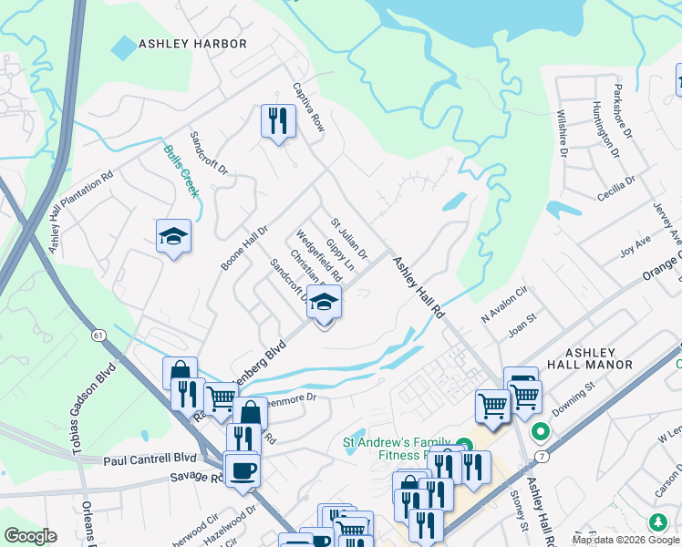 map of restaurants, bars, coffee shops, grocery stores, and more near 1639 Raoul Wallenberg Boulevard in Charleston
