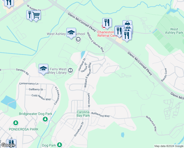 map of restaurants, bars, coffee shops, grocery stores, and more near 4204 William E Murray Boulevard in Charleston