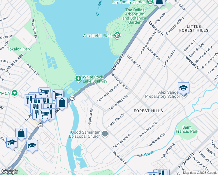 map of restaurants, bars, coffee shops, grocery stores, and more near 8214 San Fernando Way in Dallas