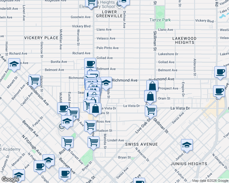 map of restaurants, bars, coffee shops, grocery stores, and more near 5837 Oram Street in Dallas