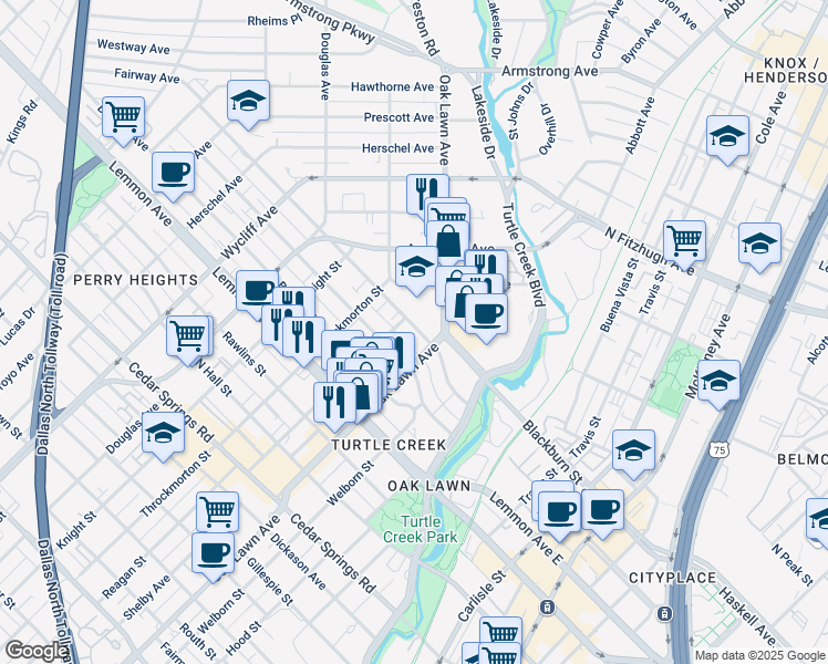 map of restaurants, bars, coffee shops, grocery stores, and more near 10 Holland Avenue in Dallas