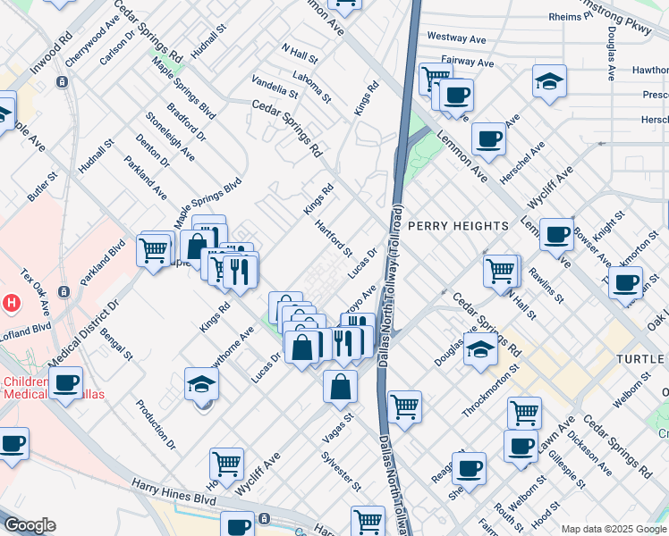 map of restaurants, bars, coffee shops, grocery stores, and more near 2807 Lucas Drive in Dallas