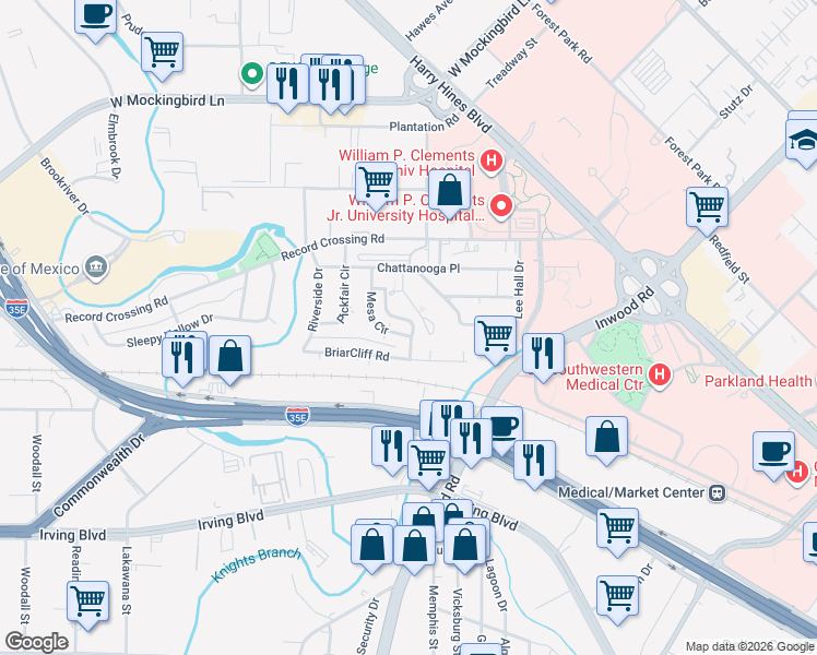 map of restaurants, bars, coffee shops, grocery stores, and more near 5503 Mesa Circle in Dallas