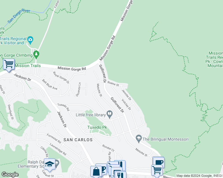 map of restaurants, bars, coffee shops, grocery stores, and more near 7724 Volclay Drive in San Diego