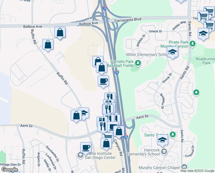 map of restaurants, bars, coffee shops, grocery stores, and more near 3870 Murphy Canyon Road in San Diego
