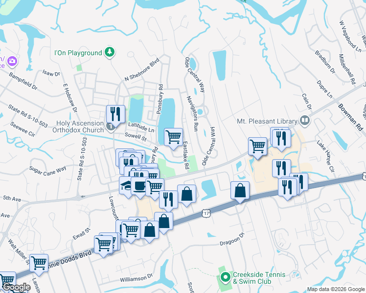 map of restaurants, bars, coffee shops, grocery stores, and more near 24 Prescient Street in Mount Pleasant