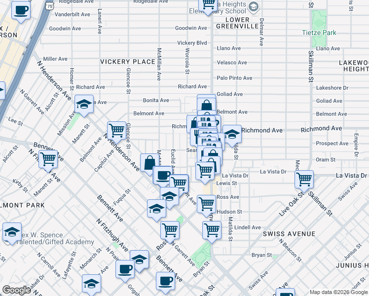 map of restaurants, bars, coffee shops, grocery stores, and more near 1921 Summit Avenue in Dallas