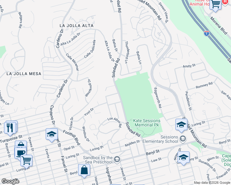 map of restaurants, bars, coffee shops, grocery stores, and more near 1740 Alta Vista Way in San Diego